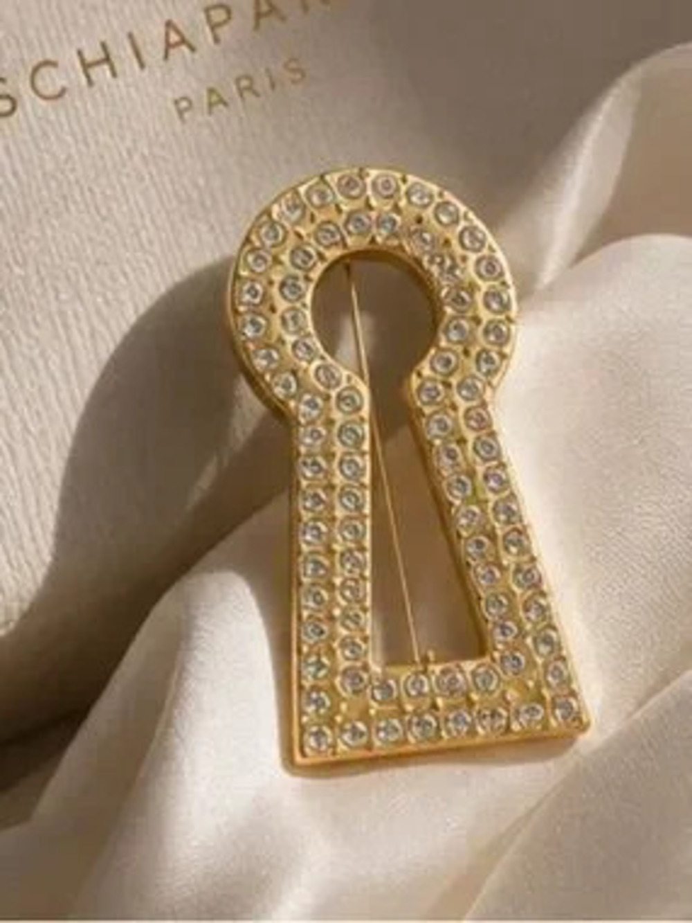 Sculptural Crystal Keyhole Brooch Luxe Gold Rhinestone Jewelry